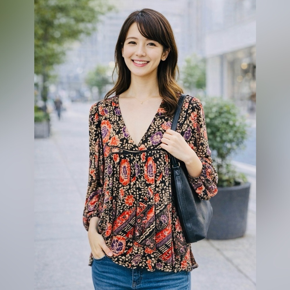Zara Trafaluc Women's Red, Black, Purple and Tan Blouse size L.